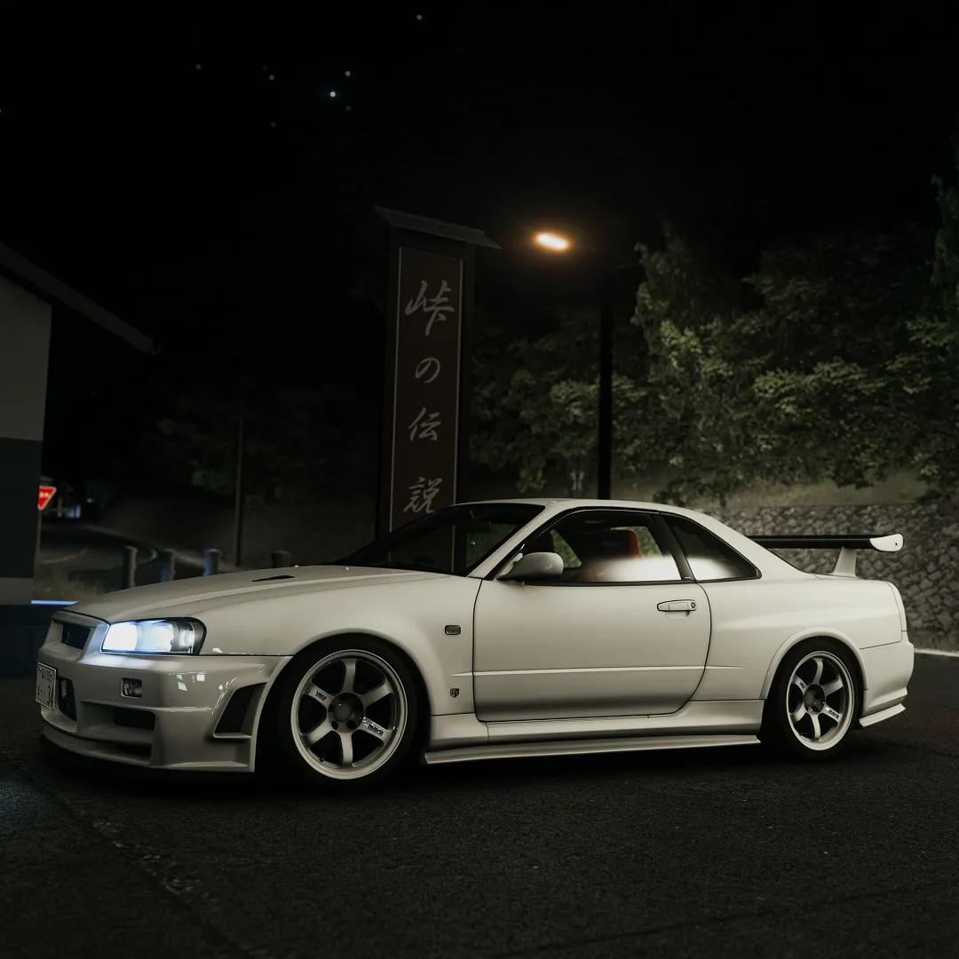 Nissan Skyline R34 at night on Akina in Assetto Corsa