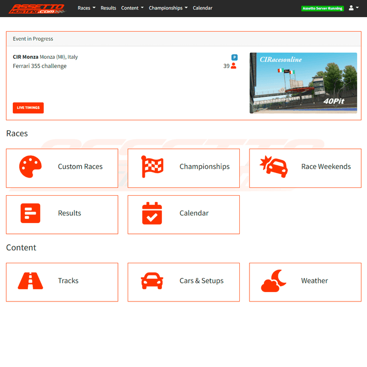 Main menu: Custom races, championships, race weekends, results, the calendar, tracks, cars and weather in one place.