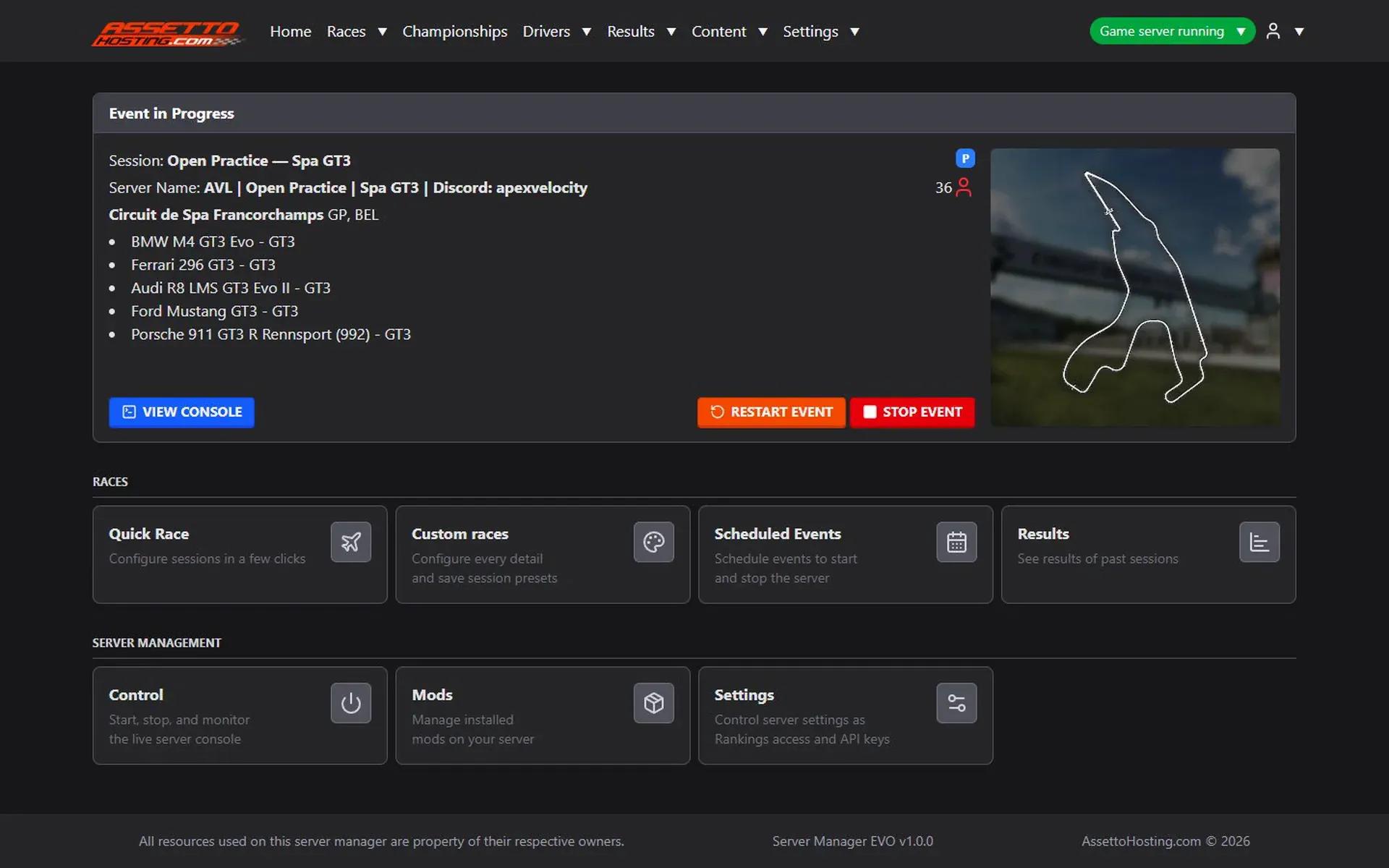 Assetto Corsa EVO Server Manager dashboard: Event in Progress card for an open practice at Spa with five GT3 cars, Restart and Stop buttons, and the Races, Results and Settings menus opening