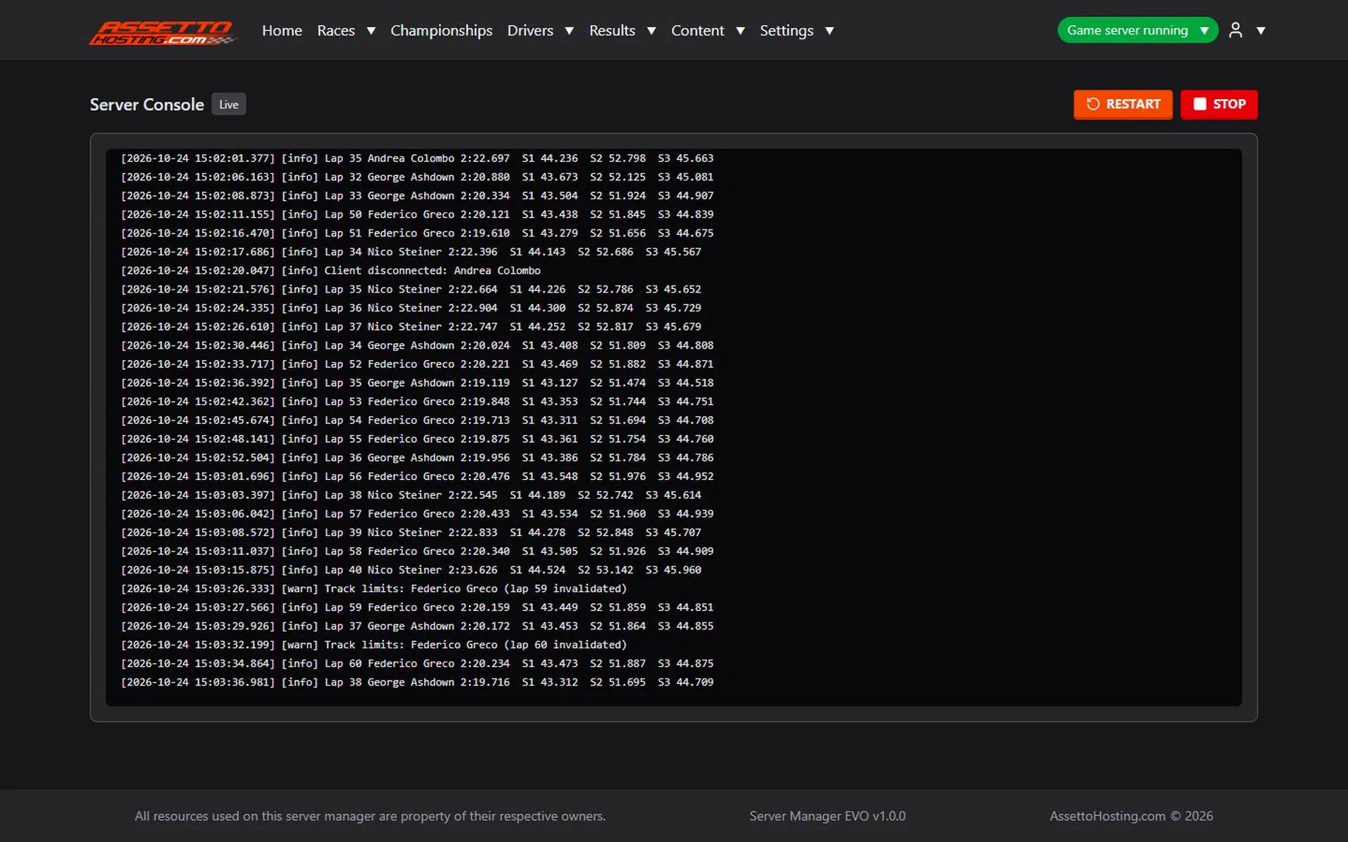 Live console of an Assetto Corsa EVO server streaming lap times with sector splits and a track-limits warning, with Restart and Stop buttons