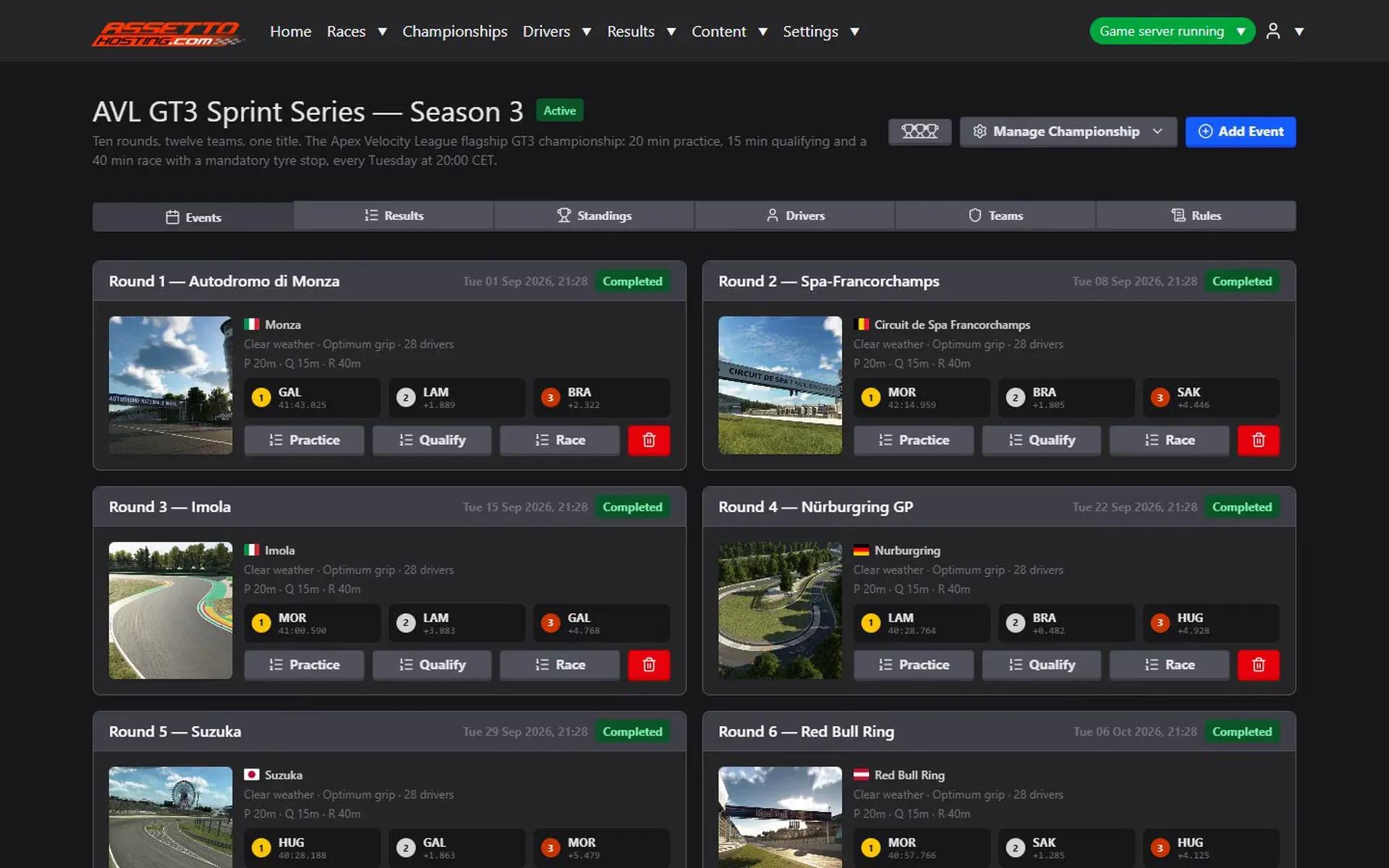 Starting round 9 at Kyalami from a championship in the Assetto Corsa EVO Server Manager: the console boots the race weekend and the dashboard shows the event in progress